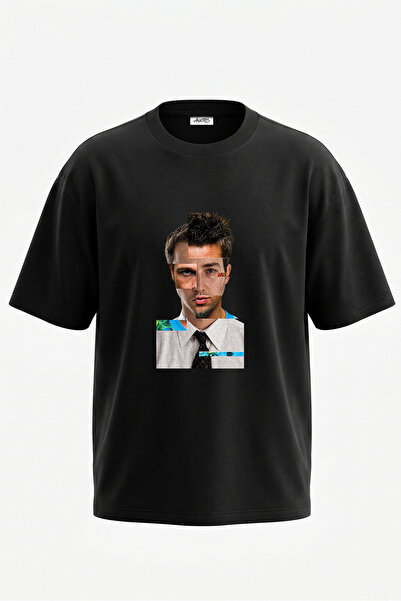 Anetos Tricou oversize negru din bumbac cu imprimeu pe spate Tyler Durden Nar...