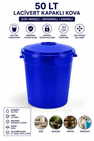 Akyüz Plastik 🟦 50 LT Lacivert Kapaklı Çok Amaçlı Plastik Kova | Dayanıklı K...