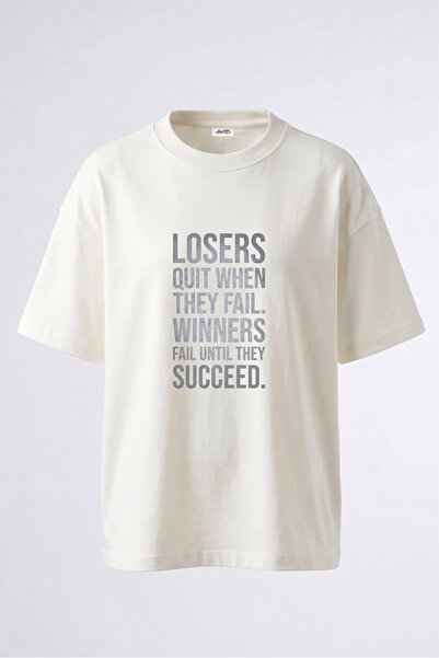 Anetos Success Quote Design Back Printed Cotton White Oversize T-Shirt