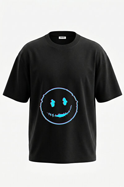 Anetos Tricou oversize negru din bumbac cu imprimeu pe spate Glitch Sewn Smil...