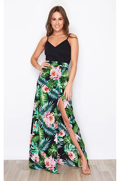 Wear Up Women's Strap V-Neck Skirt Digital Printed Flower Pattern Slit Micro ...