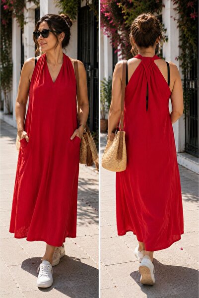 SELGORA Alaçati Style Halter Neck Mexican Dress Back Detail