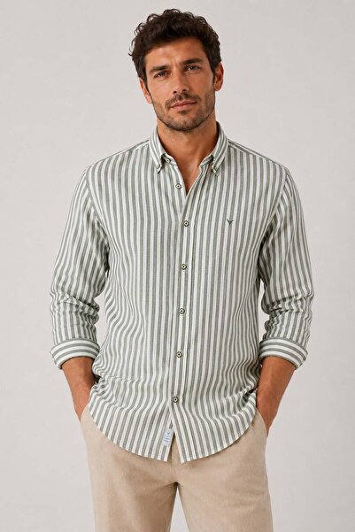 Fitmens Slim Fit Long Sleeve Striped Collar Buttoned Linen Lycra Gift Boxed M...