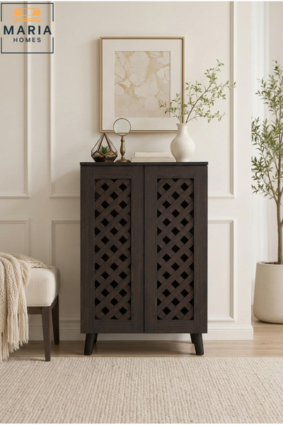 MARIA HOMES Dark Wooden Shoe Cabinet Storage Organizer with Decorative Doors ...