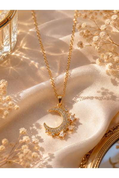 Sylvera Shop Night Glow Moon & Star Steel Necklace (Gold Color)
