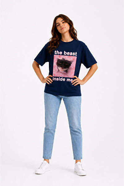 Ciel Lune The Beast Inside Me Printed Unisex Oversize T-Shirt Black Cat Graph...