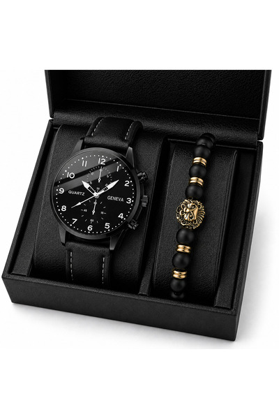 Geneva Set Cadou Bărbați Elegant – Ceas Black IP și Brățară cu Leu Auriu