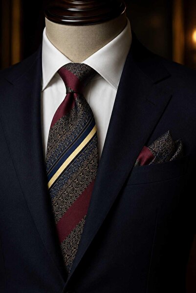 Kravatkolik Coffee Red Line Pattern Classic Tie with Handkerchief Kk13708