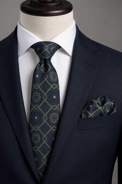Kravatkolik Green Motif Pattern Classic Tie with Handkerchief Kk13770