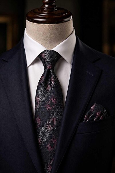Kravatkolik Black Pink Motif Pattern Classic Tie with Handkerchief Kk13723