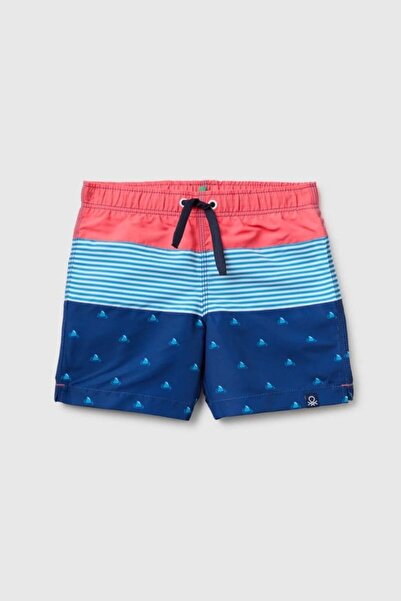 United Colors of Benetton Boy's Blue Mix Swimsuit Shorts with Logo on the Hem...
