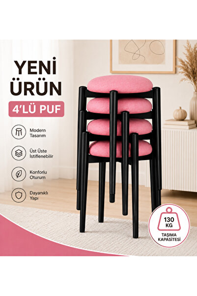 EDMONDA EV AKSESUAR ZÜMRA 4LÜ PUF TABURE BENCH MAKYAJ SANDALYESİ SİYAH AYAK