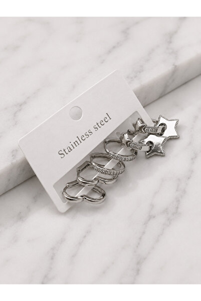 BİJU YILMAZ 26Clk129 - Silver Double Star Detailed Earring Set