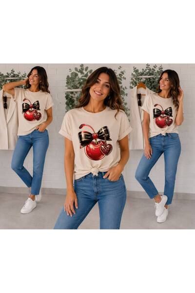ENB1R MODA تي شيرت نسائي أساسي فاخر باللون البيج مع طباعة فيونكة سوداء لامعة ...