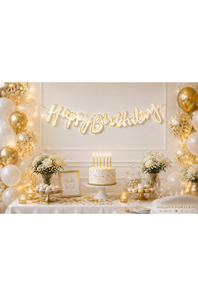 Dizayn Parti Evi Happy Birthday Uzar Yazı Banner Gold/Gümüş Varak Kenarlı Pem...