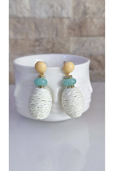 VOBEEYKU Zircon Stone Detailed Wicker Rope Oval Ball Brand Earrings