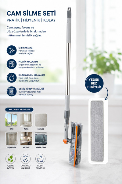 musdan Cam Silme Seti Mikrofiber Bezli Teleskopik Saplı Cam Temizleme Aparatı...