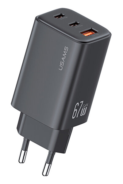 Usams φορτιστής τοίχου CC265, USB & 2x USB-C, 67W, GaN, μαύρος