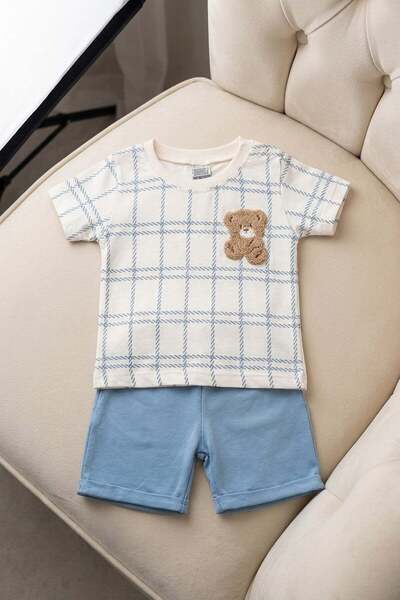 dinamik çocuk Baby Boy Summer 2-Piece Set Teddy Bear Embroidered Plaid Patter...