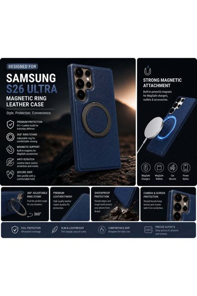 Generic Samsung Galaxy S26 Ultra Magnetic Ring Stand Leather Case – Shockproof Cover