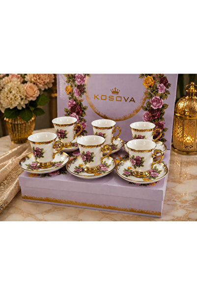 Kosova Gold Rose 6 Kişilik Porselen Kahve Fincanı Takımı – Altın Yaldızlı Gül...