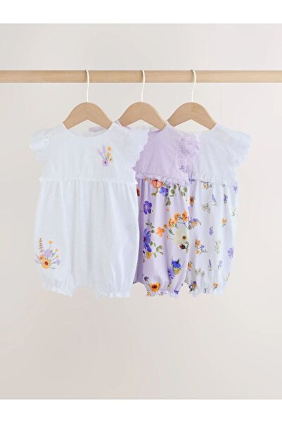 Next Baby Cotton Purple and White Floral Embroidered 3-Piece Romper Set