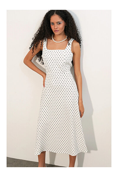 MODAMERSİ Women's White Strappy Polka Dot Dress