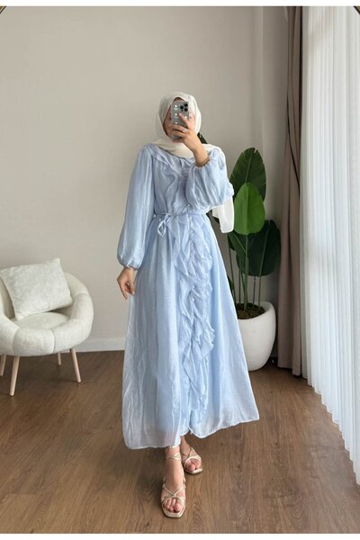 RFK Butik Kadın Bel Bağlamalı Fırfırlı Kumru Elbise - Mavi