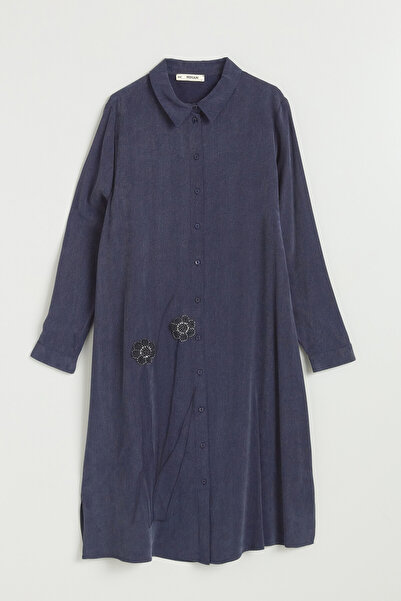 Nihan Plus Size Lyocell Tunic with Embroidery Detail - Navy Blue