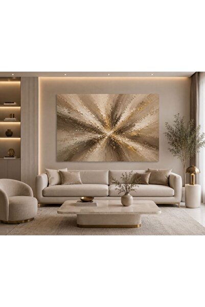 walliva Modern Soyut Patlama Efektli Kanvas Tablo Bej Vizon Krem ve Gold Tonl...