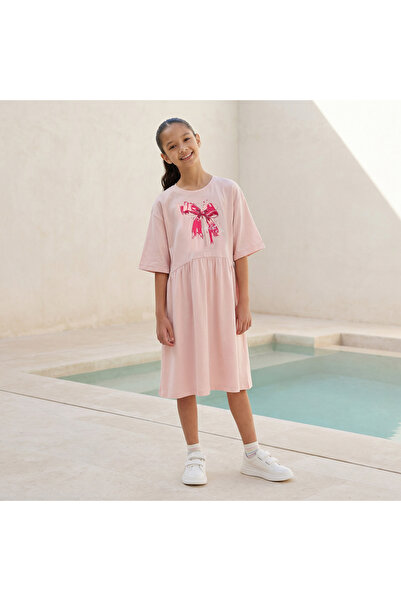 Juniors Round Neck Short Sleeves Knee Length A-line Dress with Bow Print