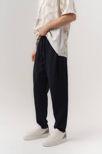 go gang own Sandro Elastic Waist Pleated Linen Fabric Trousers with Lace Detail
