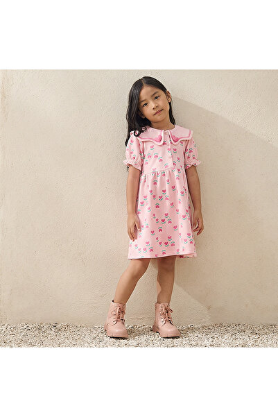 Juniors Sailor Neck Short Puff Sleeves Dress with Heart Print