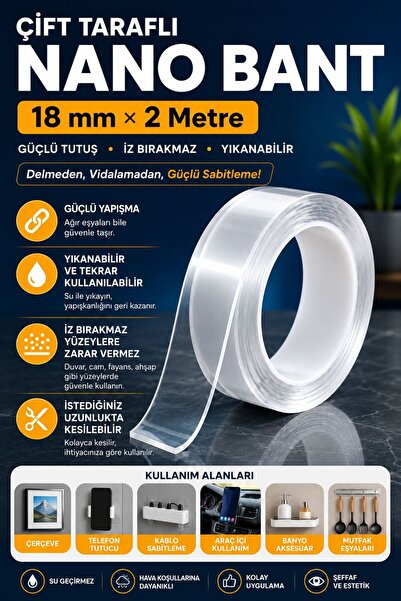 NEXVORİA Ultra Güçlü Çift Taraflı Bant 18 MM X 2 Metre / İz Bırakmayan , Yıka...