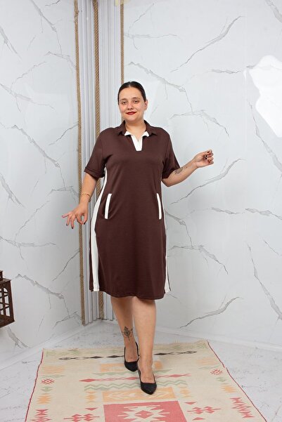 Truva XXL Plus Size Polo Neck Brown Modal Cotton Combed Cotton Dress