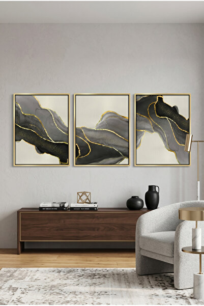 Jasmine Art Golden Veins Set of 3 Islamic Wall Art | Framed Canvas Print | Ar...