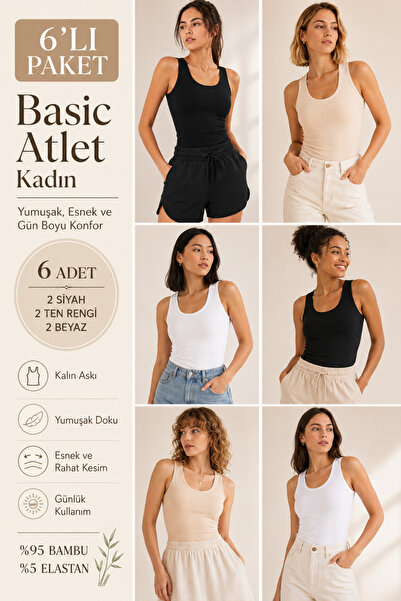 Loule Kadın Kalın Askılı %95 Doğal Bambu Esnek 6'lı Basic Atlet - Yumuşak & T...