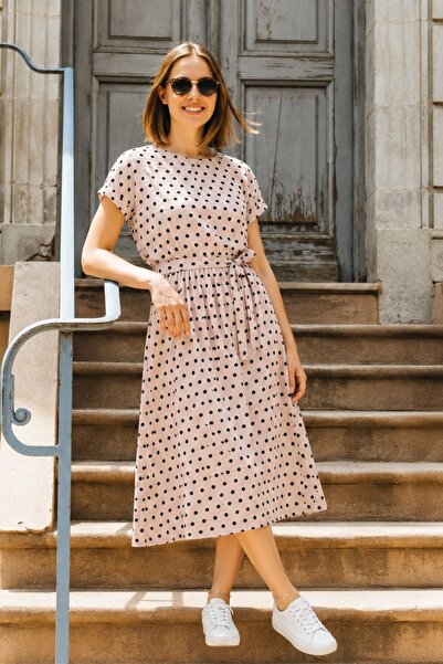armonika Women's Gray Polka Dot Elastic Waist Tie Dress Arm-26Y001121