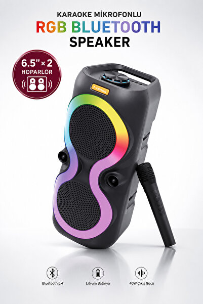 Kensa Taşınabilir Mikrofonlu 40W LED Işıklı Bluetooth Hoparlör Seti