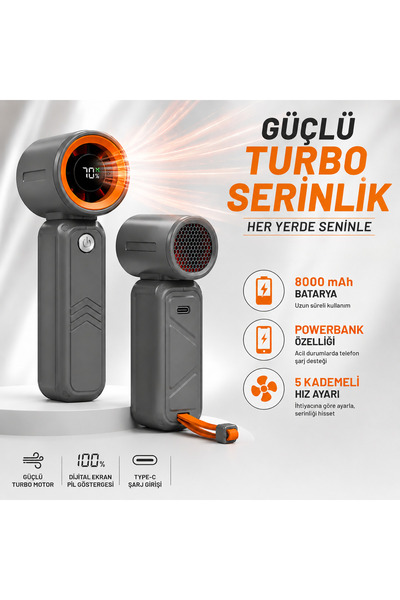 SMAYLİNG Taşınabilir Turbo El Vantilatörü, 8000 mAh Şarjlı Mini Fan, Dijital ...