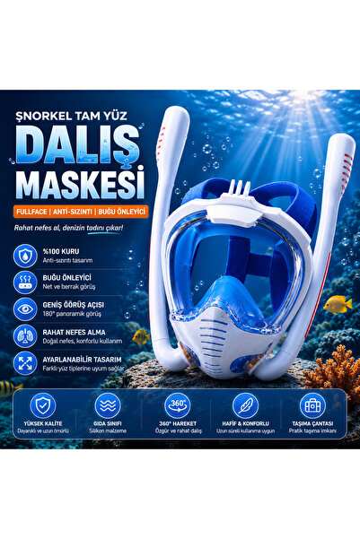 Artnest Çift Tüplü Tam Yüz Şnorkel Dalış Maskesi (L/XL BEDEN) Full Face Buğu ...