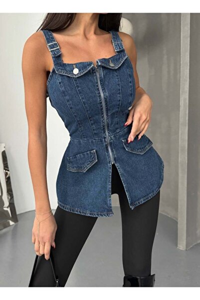 HerTon Rochie din denim Lycra pentru femei, cu fermoar și buzunare