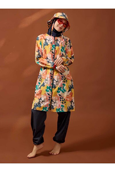 Mayo Bella Abstract Patterned Full-Coverage Hijab Swimsuit - Multi-Colored Br...