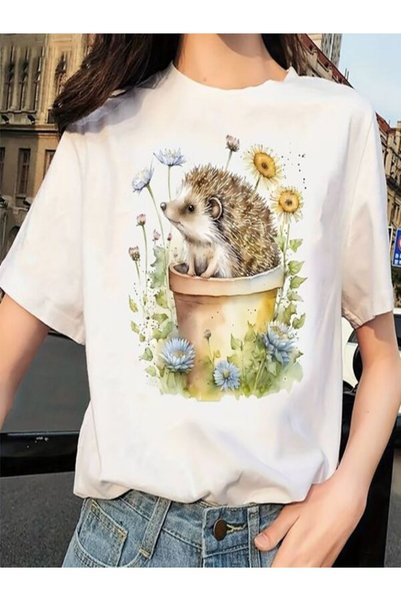 vorena Cute Hedgehog Printed Oversize T-Shirt