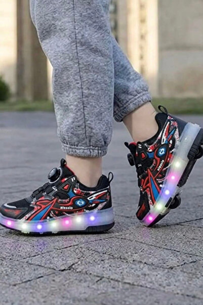 Nubbock LED Işıklı Tak Çıkar Patenli Akıllı Bağcıklı Siyah Kırmızı Çocuk Spor...
