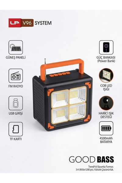 LP V96 System Güneş Enerjili Kablosuz Bluetooth Hoparlör, Powerbank ve Çok Fo...