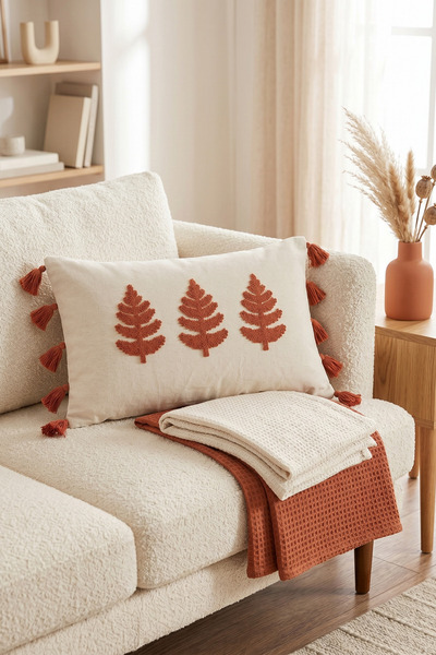 Destiva Home Husă de pernă din bumbac Buldan cu model arbore, broderie, ciucu...