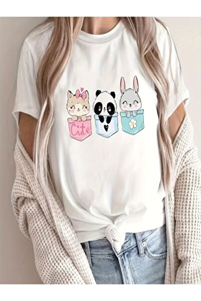 COZYWEAR Cute Animal Figure Printed White T-Shirt