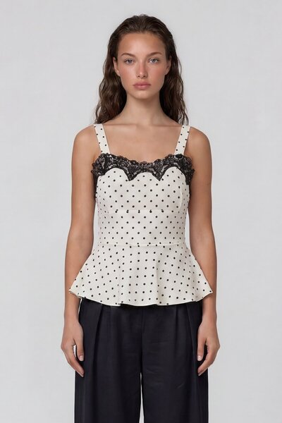 VAGGON Dantel Detaylı Puantiyeli Askılı Astarlı Peplum Bluz