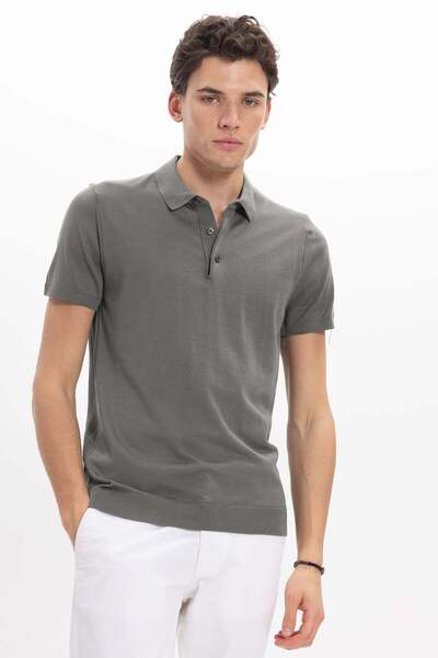 Tudors Men's Slim Fit Cotton Knitted Knitwear Gray Polo Collar T-Shirt